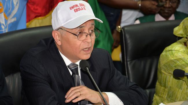 World Health Organization Representative Mohamed Belhocine wears a cap reading "Finally zero Ebola!" in Conakry.