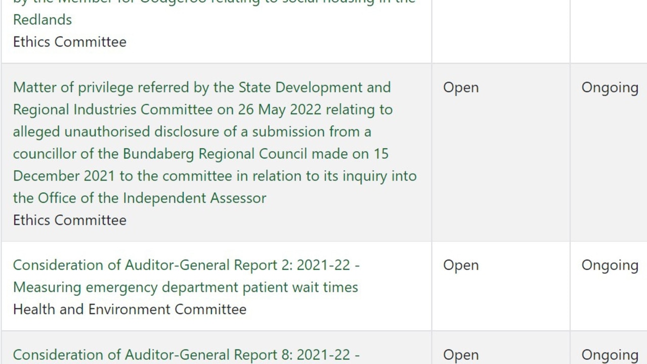 The latest breach follows the referral of a matter of privilege related to the alleged unauthorised disclosure of a Bundaberg Regional councillor’s 2021 submission to the hearing. This inquiry is ongoing.