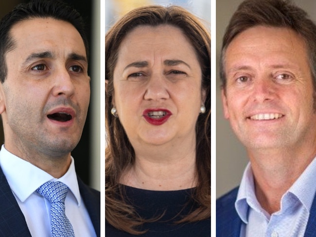 Opposition Leader David Crisafulli (left), Premier Annastacia Palaszczuk and Queensland Human Rights Commissioner Scott McDougall