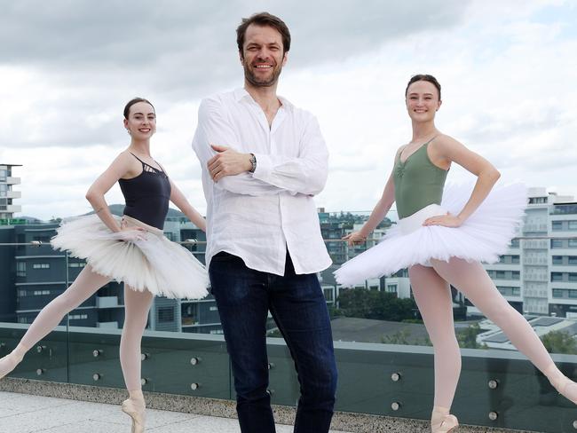 New QLD Ballet Artistic Director Ivan Gil-Ortega wit dancers Leisel Rose and Paige Rochester, West End. Picture: Liam Kidston