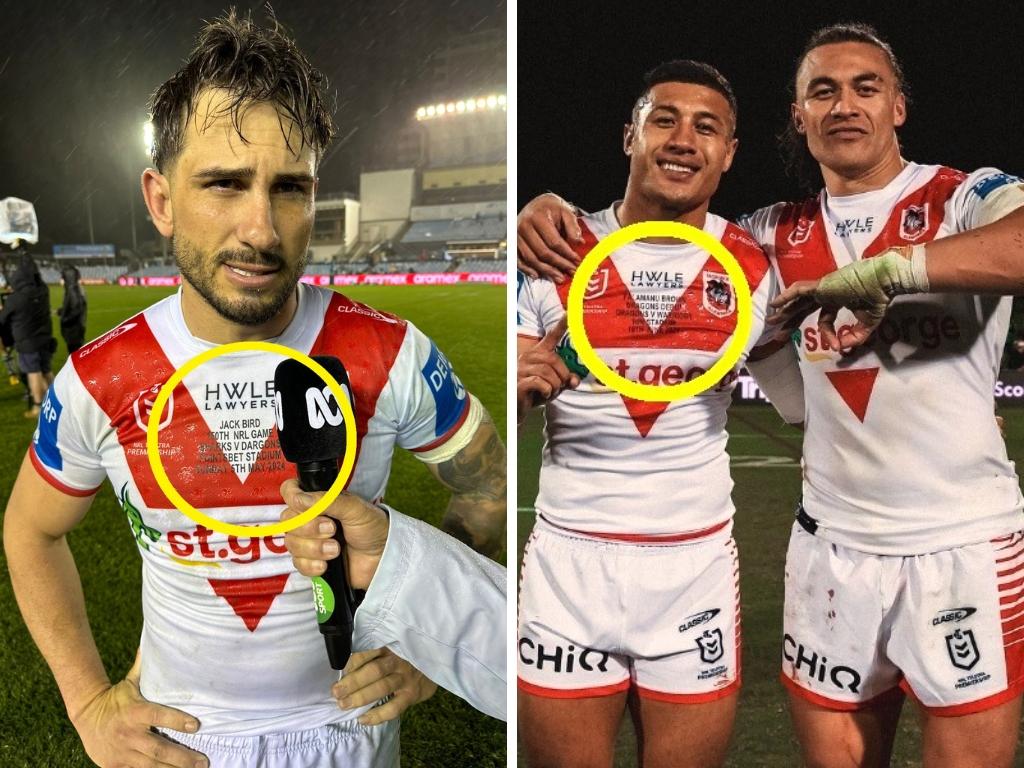 Jack Bird and Fa'amanu Brown with their compromised Red V jumpers. Photo: Twitter, ABC Sport and Instagram, @faamanubrown.