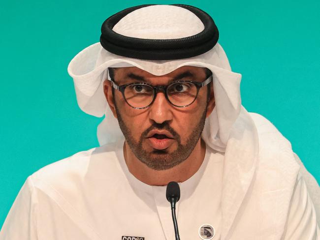 COP28 president Sultan Ahmed Al Jaber speaks during a press conference at the United Nations climate summit in Dubai on December 4, 2023. The Emirati president of the UN's COP28 talks said on December 4 he respects climate science, after a leaked video showed him declaring that no science says a fossil fuel phaseout will help achieve climate goals. (Photo by KARIM SAHIB / AFP)