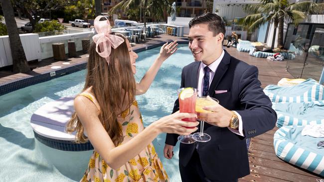 Tari Peterson, 25 and Chris Myers, 21, are looking forward to the Melbourne Cup Pool party at Komune. Pic Tim Marsden