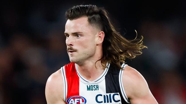 MELBOURNE, AUSTRALIA - AUGUST 19: Jack Sinclair of the Saints in action during the 2023 AFL Round 23 match between the St Kilda Saints and the Geelong Cats at Marvel Stadium on August 19, 2023 in Melbourne, Australia. (Photo by Dylan Burns/AFL Photos via Getty Images)