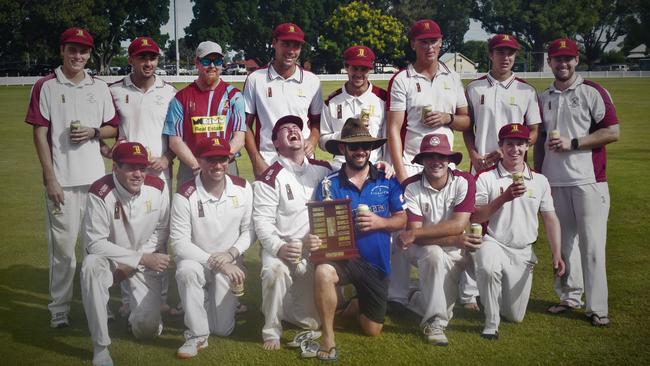 Donkey horsing around: Ulmarra Hotel Tucabia Copmanhurst's Matt Dougherty rubs the premiership win into his Brothers Clocktower Hotel opponents by photobombing their team photo with the premiership trophy after the 2020/21 GDSC Premier League grand final at Ellem Oval on Sunday, 28th March, 2021.