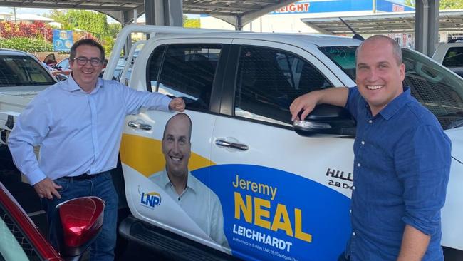 Queensland LNP senator James McGrath with the LNP Leichhardt candidate Jeremy Neal. Picture: Facebook / Senator James McGrath.