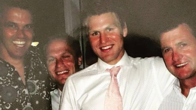 Phil Walsh (right) at Kane Cornes’ wedding in 2005, with Mark Williams (left) and Chad Cornes (2nd from left).