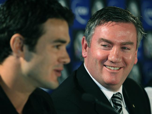 Collingwood 2011 jumper. President Eddie McGuire listens to Chris Tarrant.