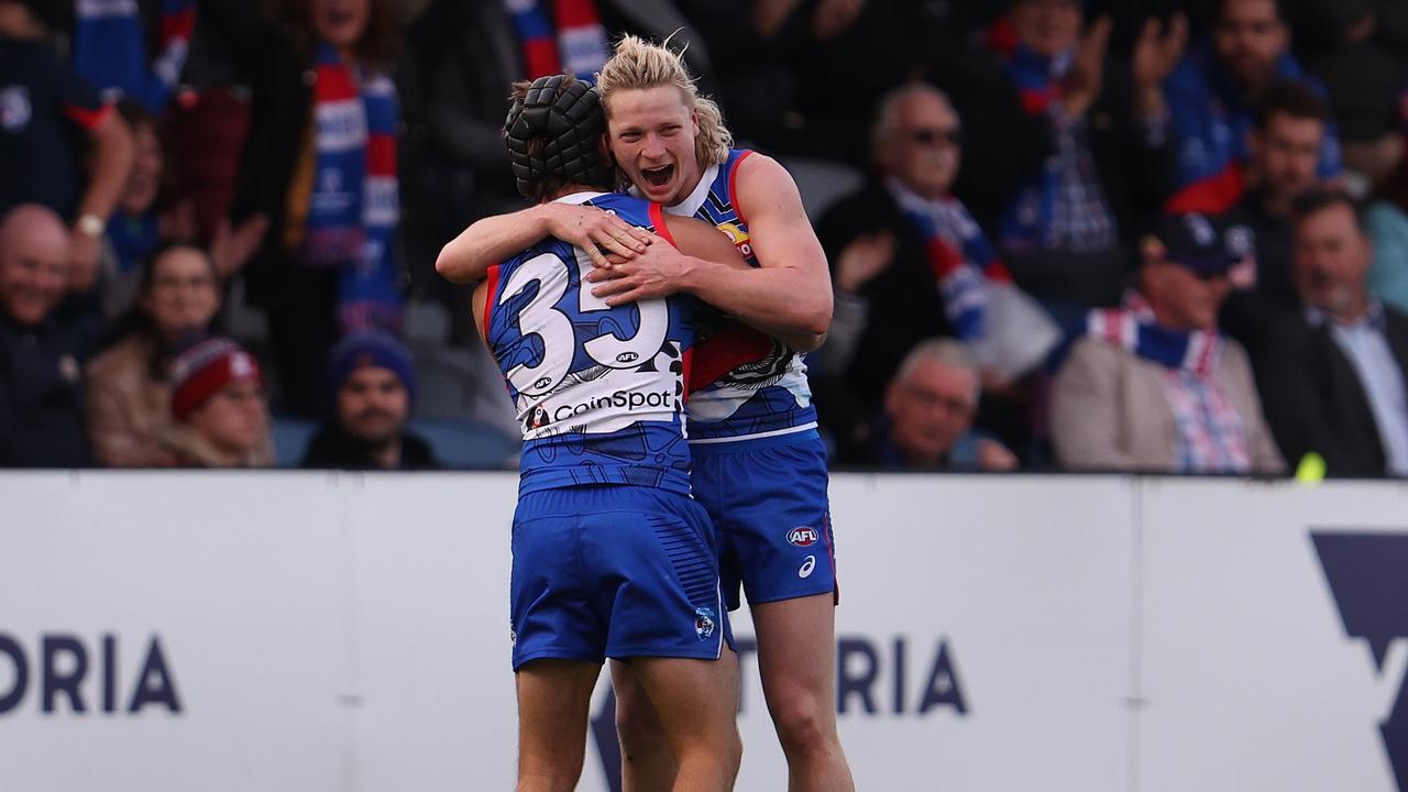 BALLARAT, AUSTRALIA - MAY 20: Cody Weightman of the Bulldogs celebrates after scoring a goal during the round 10 AFL match between Western Bulldogs and Adelaide Crows at Mars Stadium, on May 20, 2023, in Ballarat, Australia. (Photo by Robert Cianflone/Getty Images)