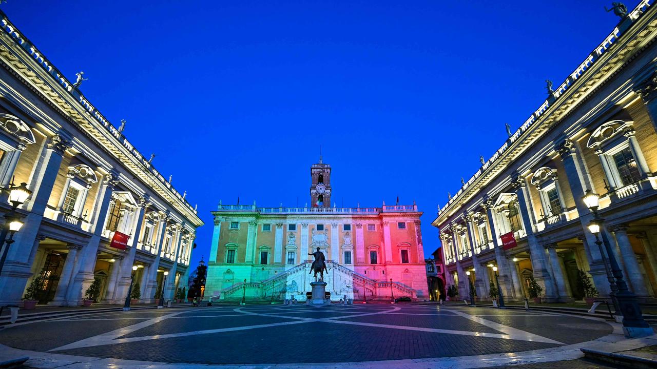 The colours of the Italian flag are projected onto the Palazzo Senatorio building on Capitoline Hill (Campidoglio) in Rome, on April 26, 2020. Picture: Andreas Solaro/AFP