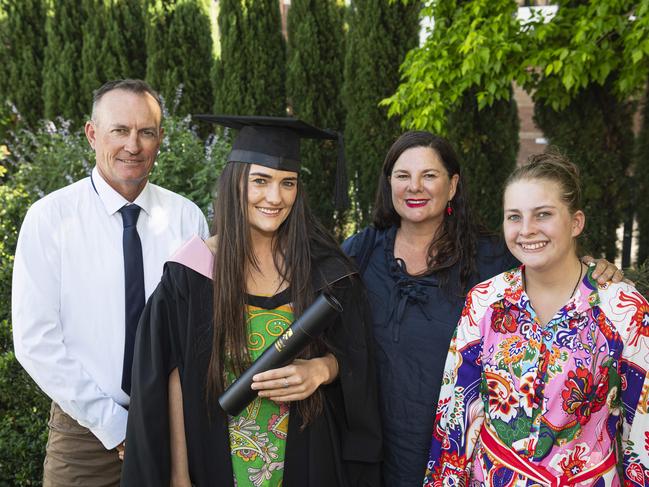 Bachelor of Education (Early Learning) graduate Asha Higgins with (from left) Jason, Louise and Zaley Higgins at a UniSQ graduation ceremony at The Empire, Tuesday, October 29, 2024. Picture: Kevin Farmer