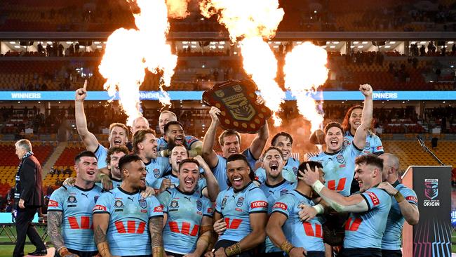 Jake Trbojevic lifted the State of Origin shield last year but accepts he may not be retained as captain. Picture: Bradley Kanaris/Getty Images