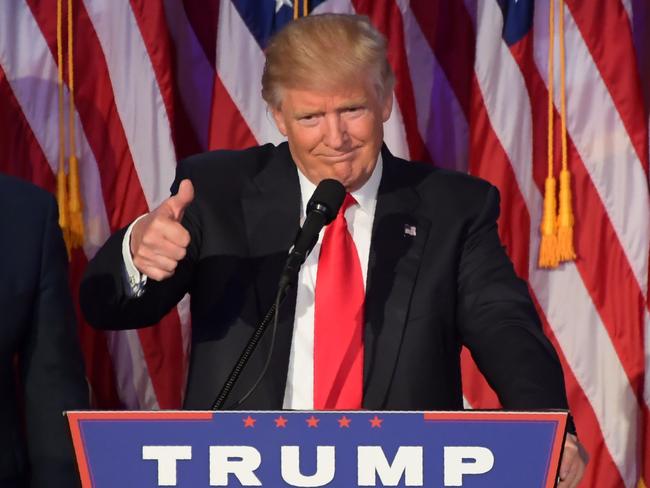 President-elect Donald Trump during his speech at the Hilton Midtown in New York on November 8. Picture: AFP PHOTO / JIM WATSON