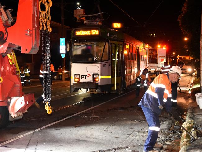 The tram is pulled back to the tracks. Picture: Nicole Garmston