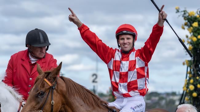 Tommy Berry rides Newley Wed for Team Hawkes on Wednesday. Picture: Getty Images