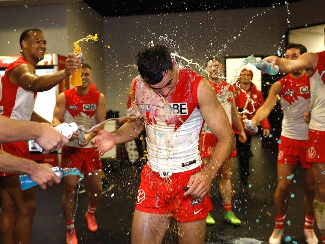 Sydney's Caiden Cleary is showered in sports drink on debut after the win during the Round 15 AFL Sydney Derby between the GWS Giants and Sydney Swans at Engoe Stadium on June 22, 2024. Photo by Phil Hillyard(Image Supplied for Editorial Use only - **NO ON SALES** - Â©Phil Hillyard )