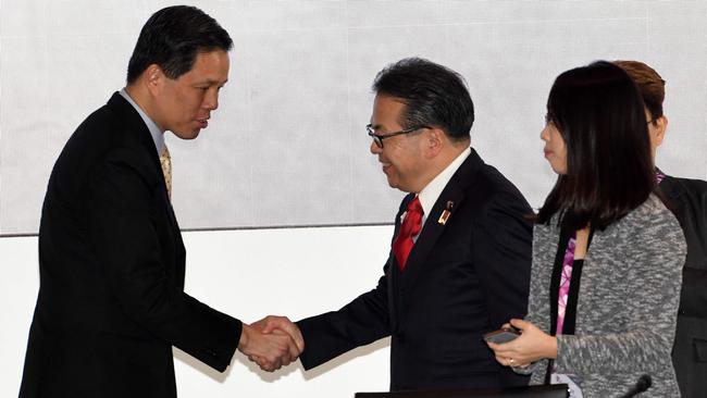Singapore Trade Minister Chan Chun Sing and his Japanese counterpart at an ASEAM meeting in Singapore last week. Picture: AFP