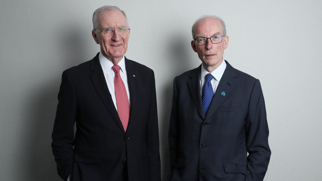 QBE CEO Andrew Horton (right) and chairman Michael Wilkins in Sydney. Picture: John Feder/The Australian