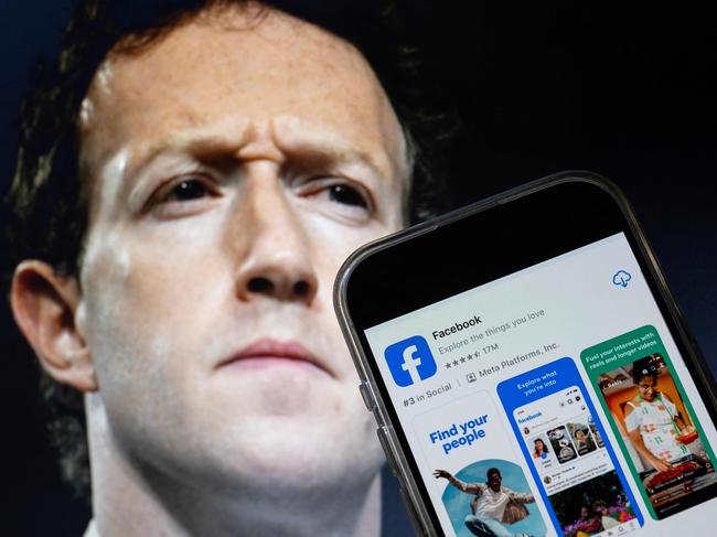 This photo illustration created on January 7, 2025, in Washington, DC, shows an image of Mark Zuckerberg, CEO of Meta, and a phone displaying the download page for the Facebook app. Social media giant Meta on January 7, 2025, slashed its content moderation policies, including ending its US fact-checking program, in a major shift that conforms with the priorities of incoming president Donald Trump. (Photo by Drew ANGERER / AFP)