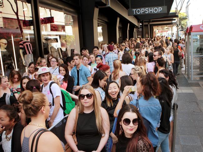 Crowds lined the pavement waiting for Sydney’s first Topshop to open in 2012. Picture: Tim Marsden