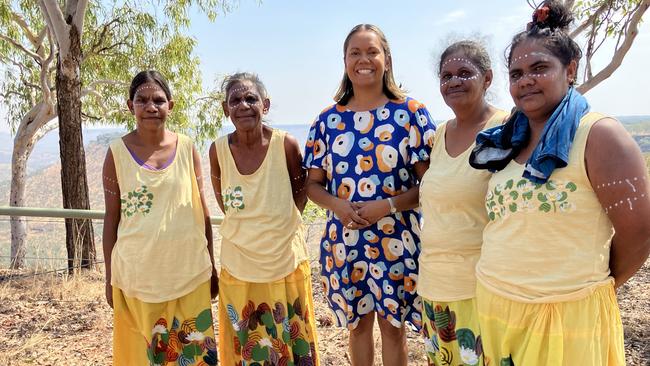 Minister for Parks and Rangers Selena Uibo with Traditional Wardaman dancers at a newly upgraded campground now open at Gregory National Park.