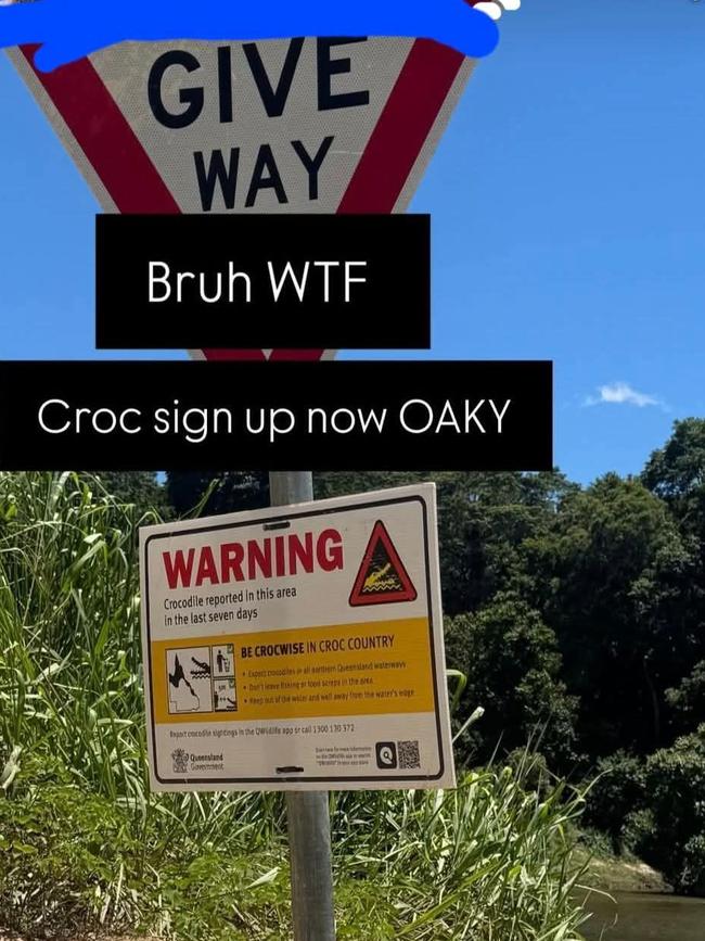 The Department of Environment last week erected a croc warning sign at the Oak Forest swimming hole near Kuranda. Picture: Supplied