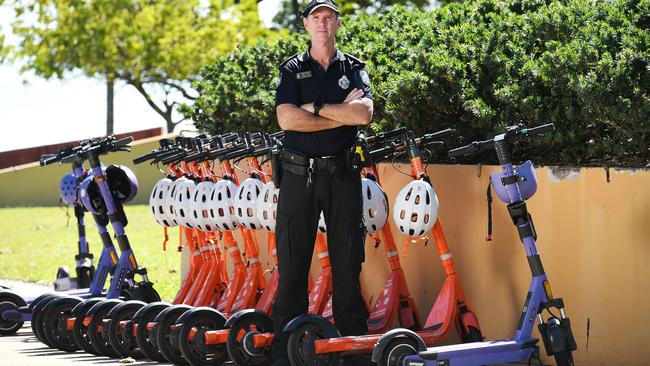 Townsville Highway Patrol Officer in Charge Senior Sergeant Robert Nalder says its import to educate riders about e-scooter safety. Picture: Shae Beplate.