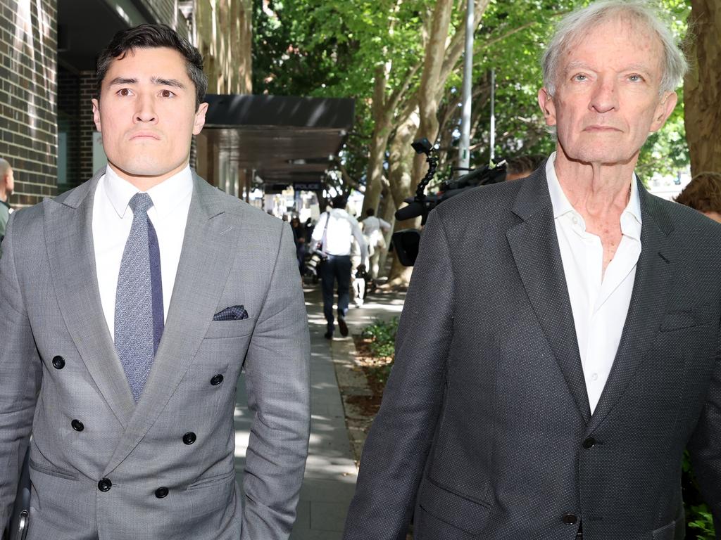 Lawyers Bryan Wrench and Christopher Murphy at the Day St Police Station, in Sydney, following Jones’ arrest earlier this month. Picture: NewsWire / Dylan Coker