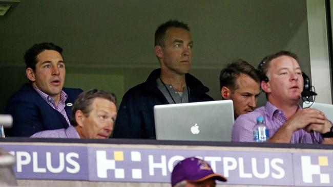 Alastair Clarkson in the box with Melbourne Storm coach Craig Bellamy. Picture: Colleen Petch