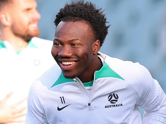 ADELAIDE, AUSTRALIA - OCTOBER 09: Nestory Irankunda of the Socceroos during a Socceroos training session at Coopers Stadium on October 09, 2024 in Adelaide, Australia. (Photo by Sarah Reed/Getty Images)