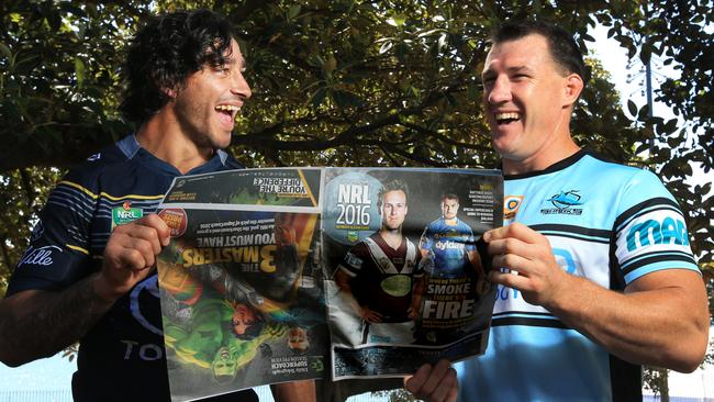 Johnathan Thurston and Paul Gallen with the Daily Telegraph NRL 2016 guide. Picture: Mark Evans