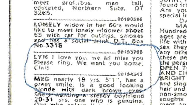 A classified message placed by Chris Dawson in The Daily Telegraph in March 1982.