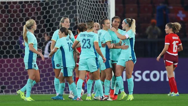 Australia celebrate Foord’s goal. Photo by Arnd Wiegmann/Getty Images for Football Australia