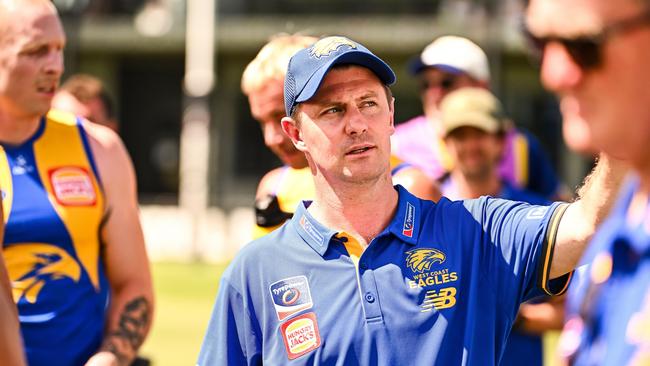 PERTH, AUSTRALIA - FEBRUARY 17: Andrew McQualter, Senior Coach of the Eagles addresses the players at the break during the 2025 AFL Match Simulation between the West Coast Eagles and the Richmond Tigers at Mineral Resources Park on February 17, 2025 in Perth, Australia. (Photo by Daniel Carson/AFL Photos via Getty Images)