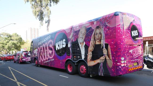 Kyle and Jackie O’s bus is doing the rounds of Melbourne for their first week on air. Picture: David Crosling