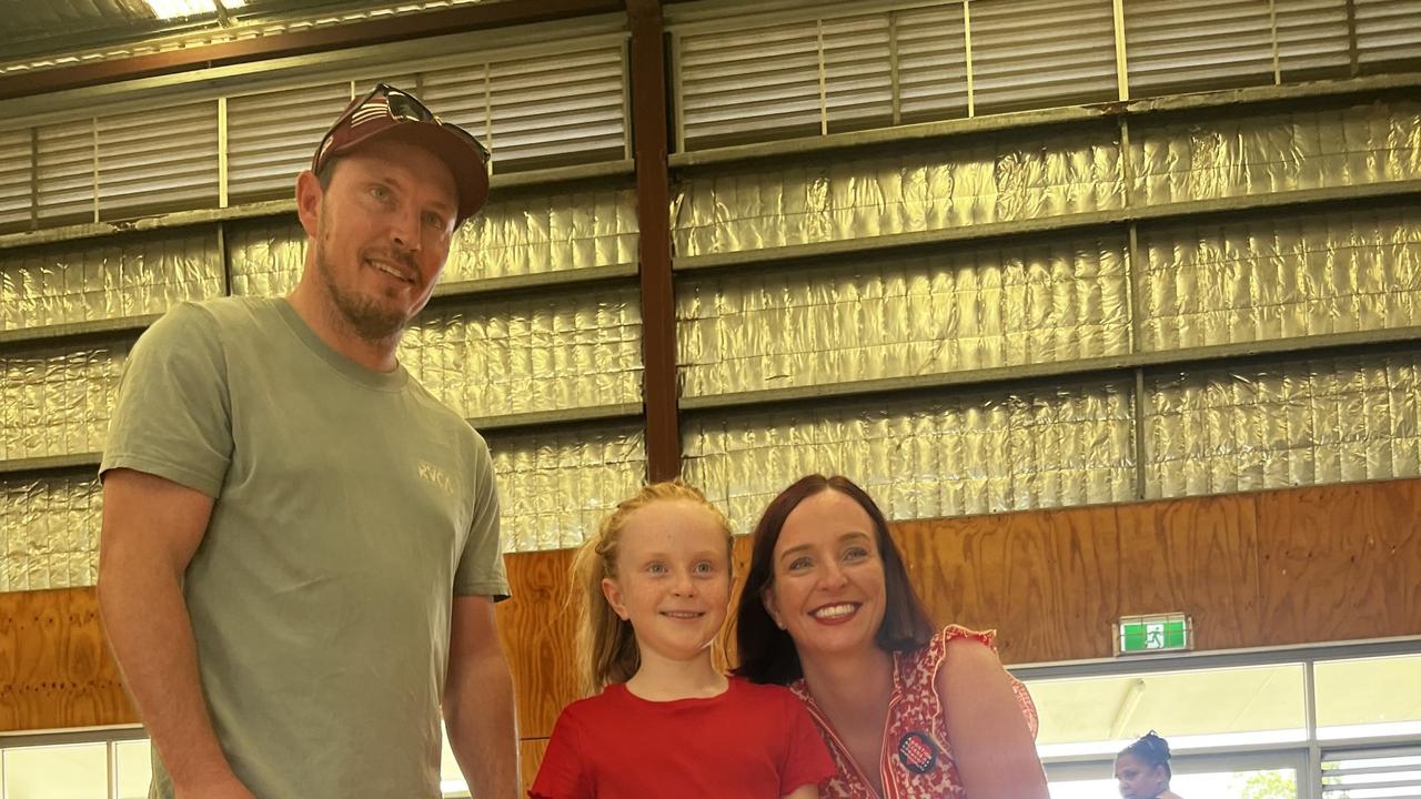 Labor Keppel MP Brittany Lauga voting at the Mount Archer State School polling booth with her daughter and partner Brent Wood in tow on the Queensland state election day on October 26, 2024. Picture: Emma McBryde