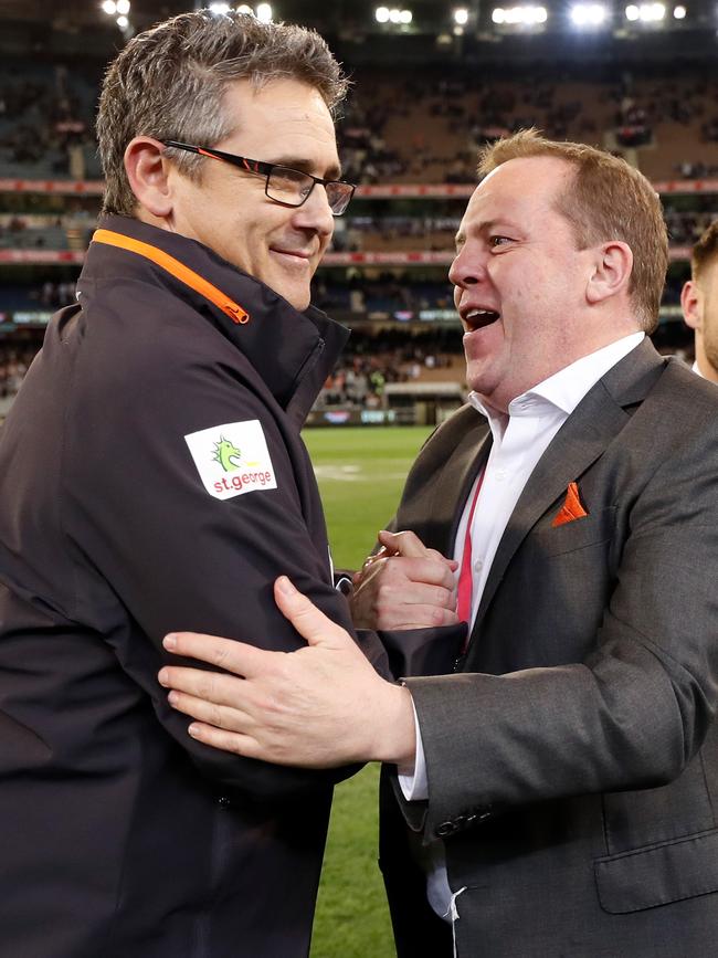 Leon Cameron, then senior coach of the Giants, and CEO David Matthews in 2019. Picture: Michael Willson/AFL Photos via Getty Images