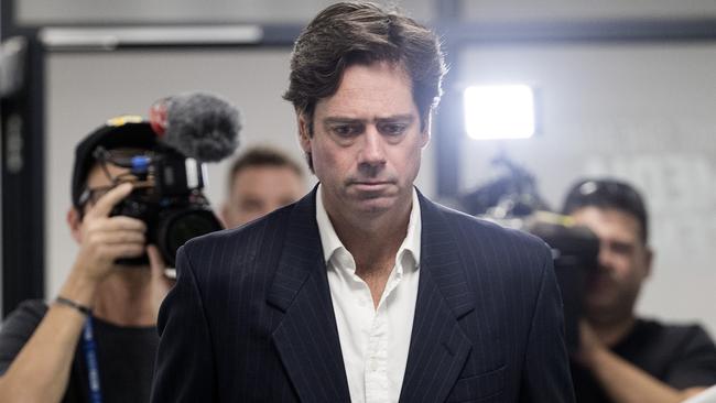 AFL CEO Gillon McLachlan announcing at a press conference today that the 2020 season was being postponed until May 31..  22/03/2020.     . Pic: Michael Klein