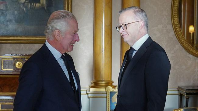 King Charles with Anthony Albanese in Buckingham Palace on Saturday. Picture: AFP