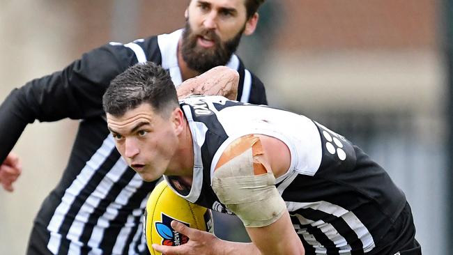 Tom Rockliff and Justin Westhoff were in everything for Port Adelaide’s SANFL team. Picture: Tom Huntley