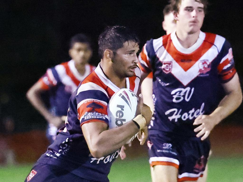 Roosters captain James Clark runs the ball up in the Far North Queensland Rugby League (FNQRL) Men's minor semi final match between the Atherton Roosters and the Cairns Kangaroos, held at Smithfield Sporting Complex. Picture: Brendan Radke