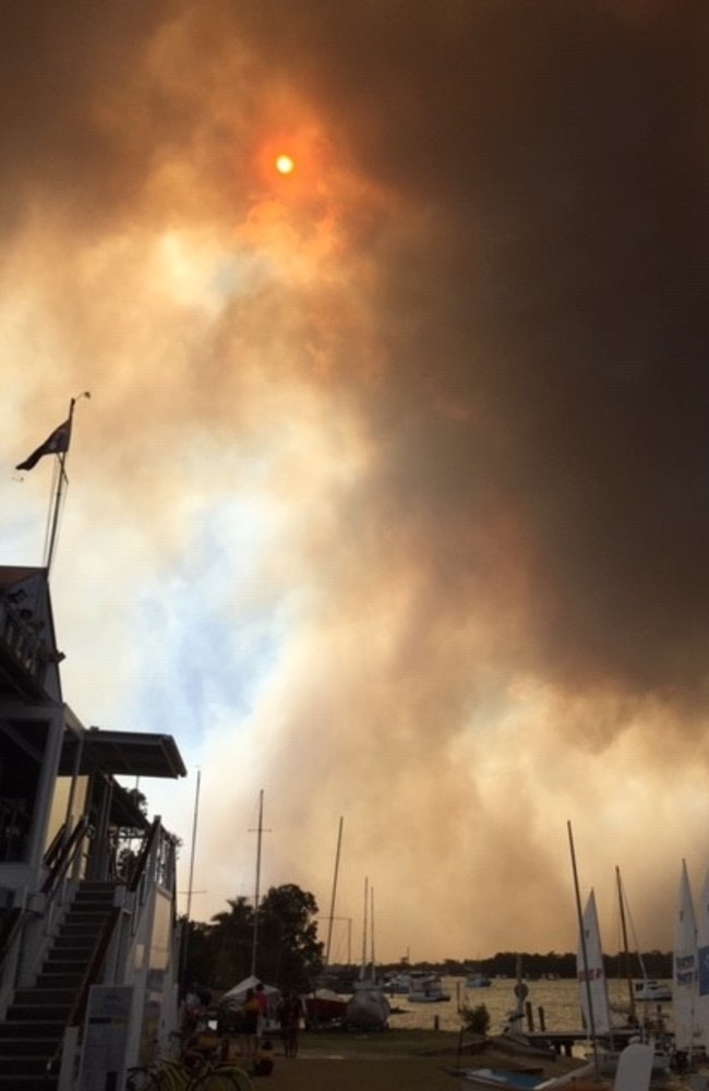 The smoke from Cooroibah as seen from the Noosa Yacht and Rowing Club. Picture: Bunty Handyside