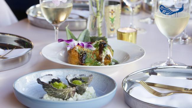 Batata vada, Colonel Tso’s cauliflower, freshly shucked oysters with pineapple and gin granita and caviar at Daughter In Law. Picture: Emma Brasier