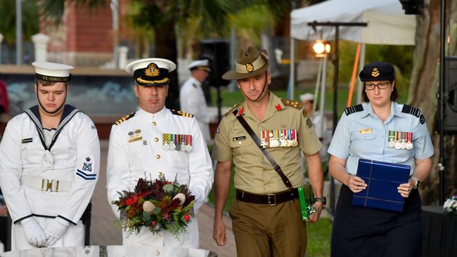 Commemoration dawn service for 80th anniversary of the Battle of the Coral Sea at Anzac Park, Townsville. Commander Alfonso Santos, Brigadier Kahlil Fegan and Wing Commander Naomi Gill. Picture: Evan Morgan