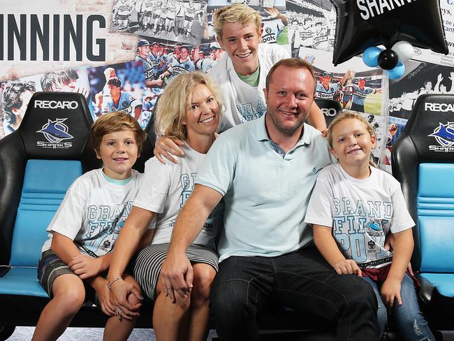Former Sharks player Dean Treister with wife Kylie and children Riley, 11, Lachie, 13, and Indi, 8 in Sydney ahead of Sunday’s NRL grand final. Picture: Craig Greenhill