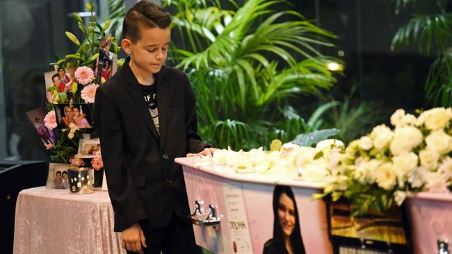 Sabrina Lekaj’s brother Pyrrhus, 11, at her funeral on Wednesday. Picture: Tom Huntley