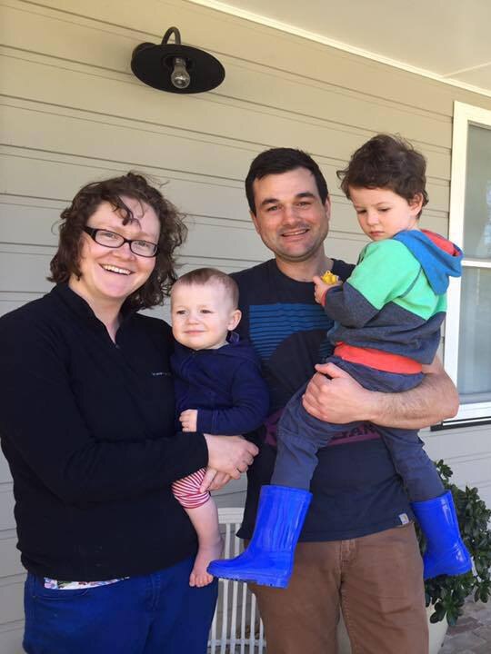 Trish Smith and her sons Russell and Ben, left; the family including father Nick, right.