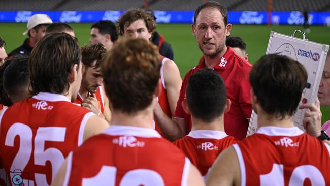 Northern Bullants coach Josh Fraser talks to his players. Picture: Nathan McNeill