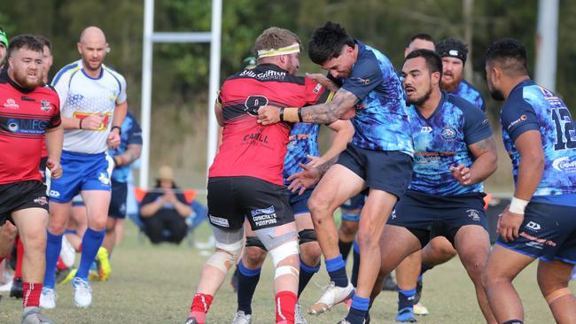 Gold Coast District Rugby Union (GCDRU) Grand Final 2021. Griffith Uni Colleges Knights v Helensvale Hogs at Rugby Lane, Helensvale on 18 September 2021. Jaye Paton clatters into Keahn Tipu. Pic Mike Batterham