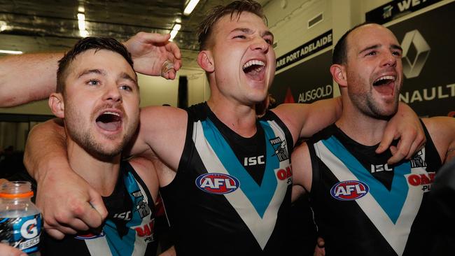 Ollie Wines sings the song after Port Adelaide’s last-gasp win over St Kilda. (Photo by Michael Dodge/Getty Images)